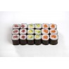 6 makis saumon, 6 makis thon et 6 makis avocat.

Servi avec un accompagnement (soupe miso ou salade de chou).