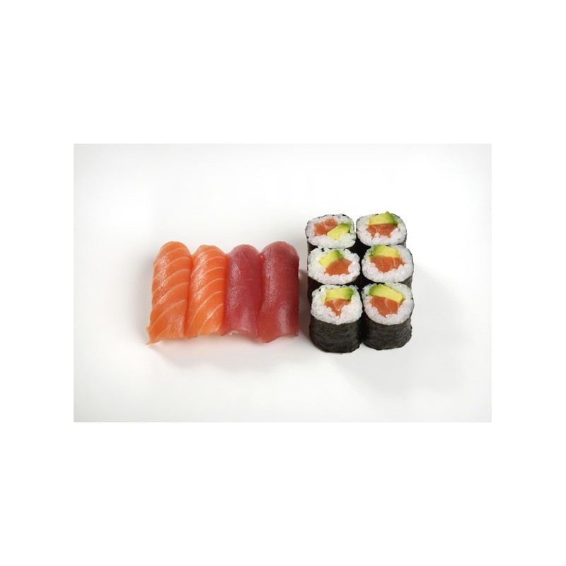 2 sushis saumon, 2 sushis thon, 6 makis saumon avocat.

Servi avec un accompagnement (soupe miso ou salade de chou).